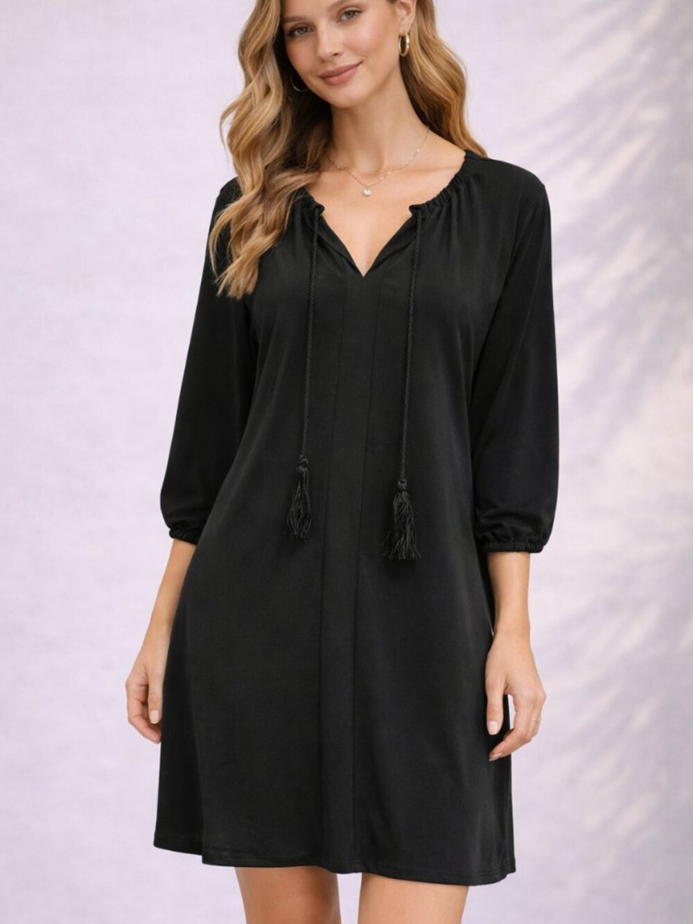 MICHAEL Michael Kors Black Boho Shift Dress S‎ Tassel Tie 3/4 Sleeve A-Line NWT